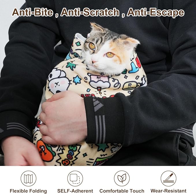 35.5" Extra Large Cat Grooming Wrap – Anti-Escape Cat Wrap for Cutting Nails, Brushing & Medication – Soft, Comfortable, Reusable, Self-Adhering, Holds Cats Up to 22lbs (Elephant Cat)