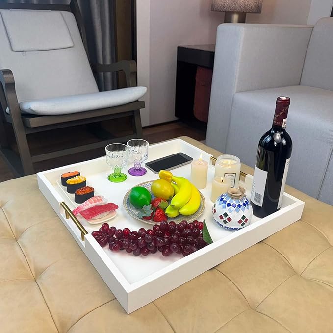 20x20 Inches Large White Faux Leather Wrapped Wood Ottoman Tray with Handles for All Occasions, Serving Food Breakfast on Bed, Home Decor Decorative, Living Room,Square Coffee Table Organizer