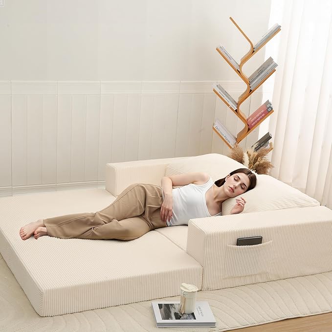 COMAX Convertible Sofa Bed Queen, Folding Fold Out Couch Bed, Floor Futon Couch Corduroy Sleeper Mattress with Back Pillows, Boneless Sofa Comfy Lounge Loveseat for Living Room Bedroom, Beige