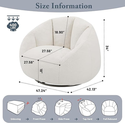 Swivel Giant Bean Bag Chair for Adults - Comfy Plush Round Shell Soft Accent Chair, Oversized Cozy Floor Sofa for Living Room, Bedroom & Game Rooms, Beige