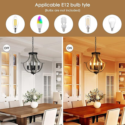 Farmhouse Chandelier, Modern Hanging Pendant Lighting, 4-Light Rustic Flush Mount Ceiling Light Fixture,Faux Wood Vintage Chandelier for Dining Room Kitchen Island Foyer Hallway Entryway Bedroom