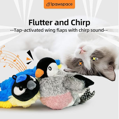 Interactive Flapping Bird Cat Toy with Catnip, Touch Activated Rechargeable, Musical Sound (can Turn Off), Satisfy Cat's Natural Huting Instinct, Soft Plush Washable Cover (Blue)