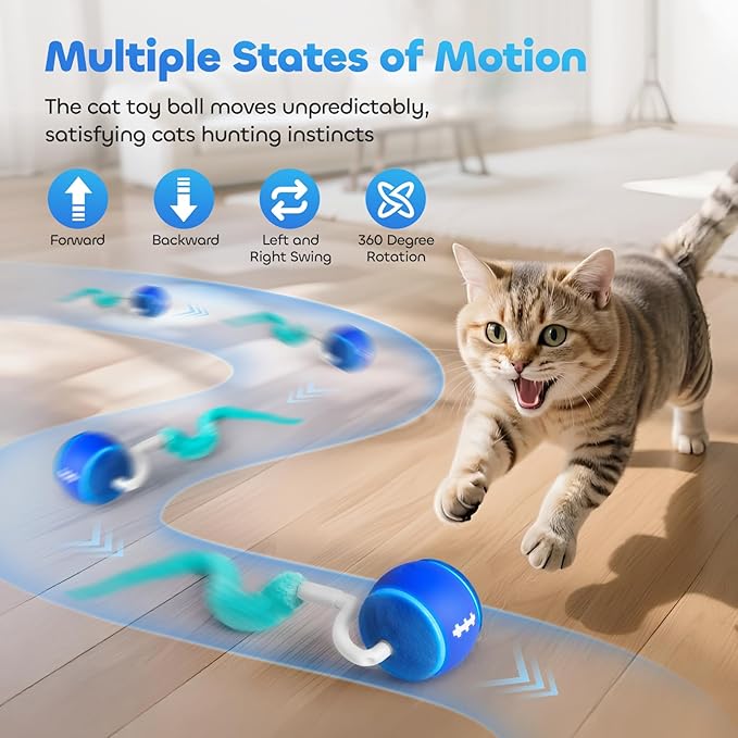 Interactive Cat Toy Ball, Automatic Cat Toys for Indoor Cats, Motion Activated Kitten Toys with 2 Replacement Tails, 3 Modes, USB Rechargeable, Moving Cat Toys for Enrichment Exercise(Blue)