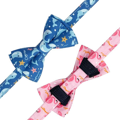 2 Pack Cotton Cat Collar with Bow Tie and Bell for Girl Boy Cats,Cute Pink Flamingo and Blue Whale Pattern Spring Summer Breakaway Cat Collar for Male Female Cats (Flamingo&Whale)