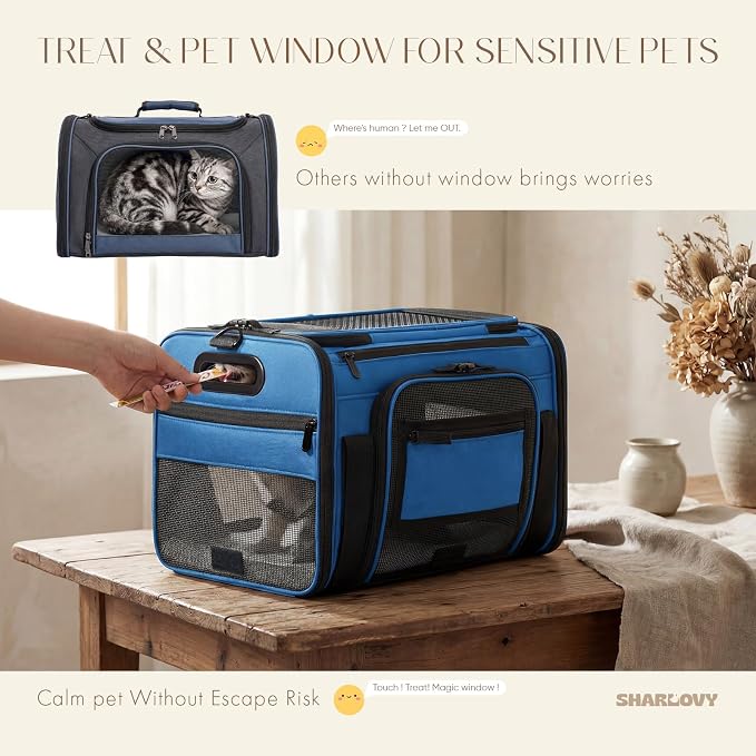 Top-Side Expandable Pet Carrier, Treat Window,18x11x11 Airline Approved | for Delta American United,Soft-Sided Cat Carrier,Anti-Scratch Mesh,Lockable Zippers,Dog Carrier for Kitten,Rabbit,Puppy,Blue