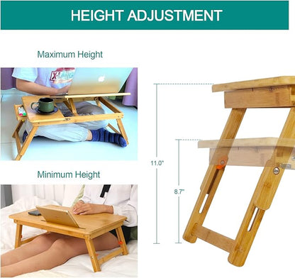 Lap Desk COIWAI Bed Table Desk Tray Laptop Desk for Bed Adjustable Height Angle Foldable Portable with Tablet Phone Holder with Storage Drawer for Bed Sofa Couch, for Eating Writing Bamboo