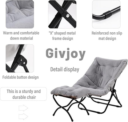 Givjoy Comfy Folded Chair with Ottoman, Oversized Folding Faux Fur Chair Soft Furry Lounge Lazy Chair with Metal Frame Moon Chair Accent Chair for Bedroom, Living Room, Dorm Rooms