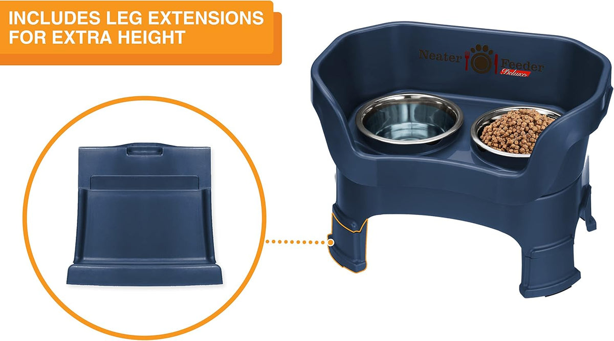 Neater Feeder Deluxe Mess Proof Dog Bowls Elevated Medium Sized Dogs (19-40 lbs) Made in USA, No Spill Raised Dog Food Bowl Stand w/Leg Extension, Stainless Steel Food and Water Bowl Set, Dark Blue