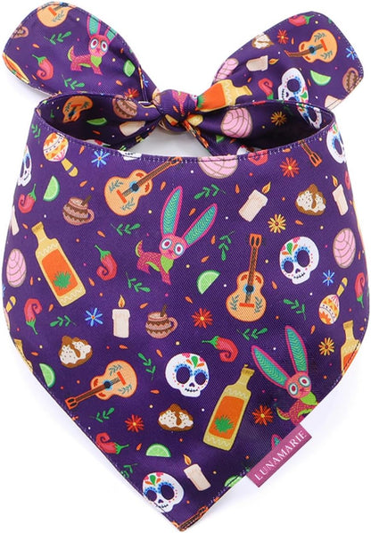 LunaMarie - Luxury Dog Bandanas - Dia De Los Muertos Design | Premium & Silky Poly Fabric | 100% Handmade | Custom Shape Dual Layered Reversible Small, Medium, Large Cat Scarf (Day Of The Dead, Small)