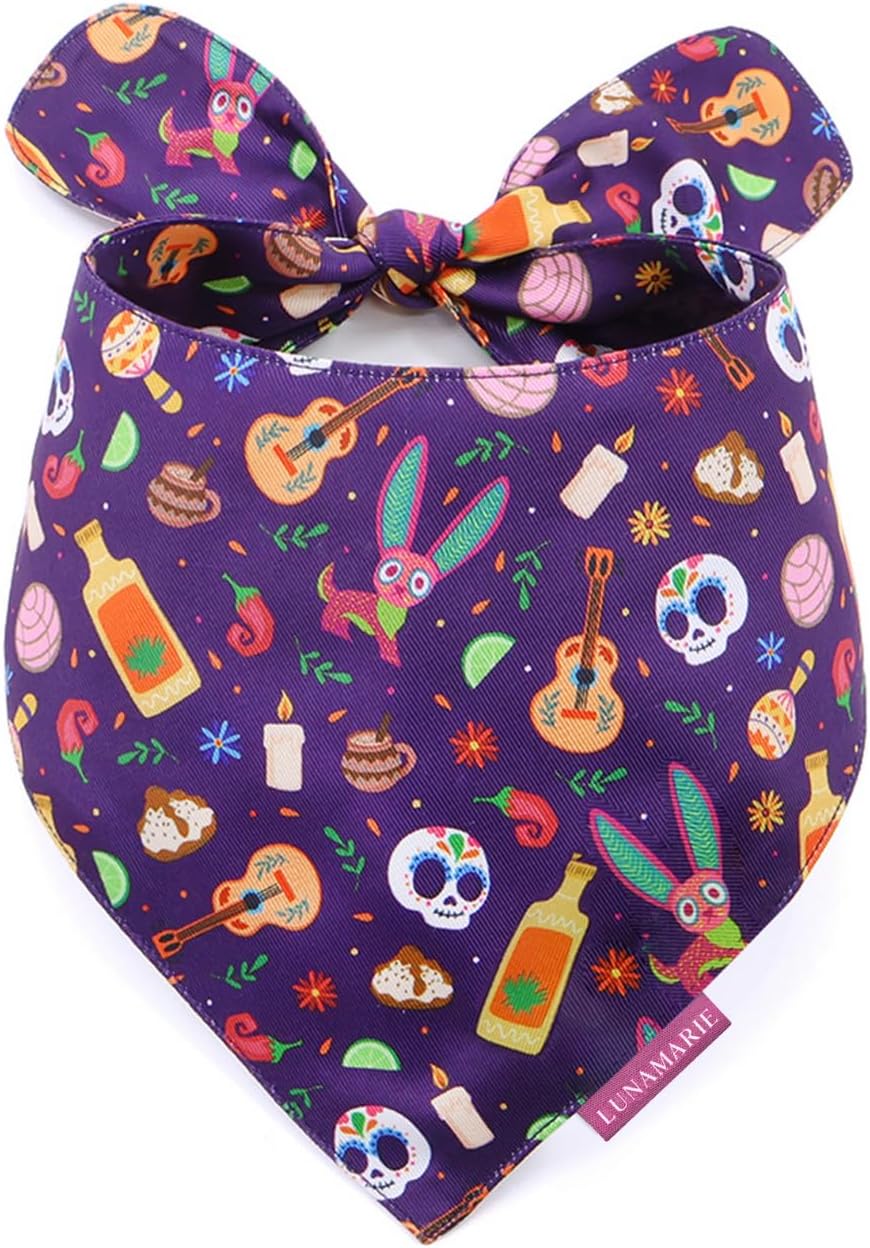 LunaMarie - Luxury Pet Birthday Bandanas -Premium & Silky Poly Fabric | 100% Handmade | Custom Shape Dual Layered (Day of The Dead, Large)