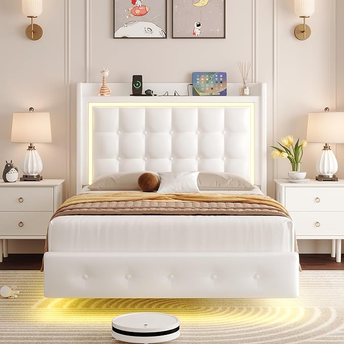 Keyluv Upholstered Twin Floating Bed Frame with LED Lights and Charging Station, Pu Leather Platform Bed with Button Tufted Storage Headboard, Type-C & USB Charging Ports, No Box Spring Needed, White