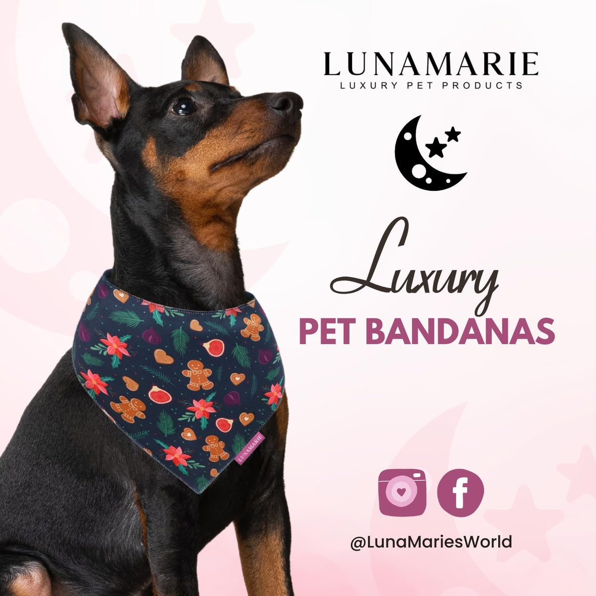 LunaMarie - Luxury Pet Birthday Bandanas -Premium & Silky Poly Fabric | 100% Handmade | Custom Shape Dual Layered (Gingerbread & Figs, Medium)
