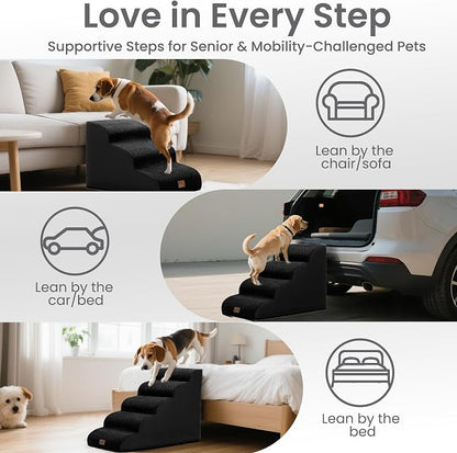 GoGoBunny Waterproof High Density Foam Curved Dog Stairs for High Beds Couches 19.7" H, 4-Step Ramp Dog Steps Friendly to Small Medium Dogs or Pets Joints, Non-Slip Balanced Durable Pet Step, Black