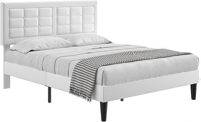 VECELO Full Size Bed Frame with Adjustable Headboard, Upholstered Button Tufted Platform Bedframe with Wood Slats Support, No Box Spring Needed, Linen & White