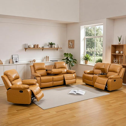 Caberryne Leather Recliner Sofa Set，Leather Reclining Couch for Living Room Furniture Sets，Ginger Recliner Couch with 5 Recliners for Living Room/Office/Theater Seating(Sofa Set 3 Pieces)
