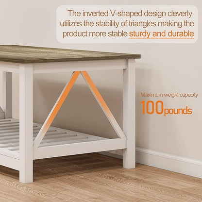 UYIHOME Farmhouse Coffee Table for Living Room, 2-Tier Rectangular Wooden Centre Cocktail Table with Slats Shelf Storage and V-Shaped Frame (Walnut Top)