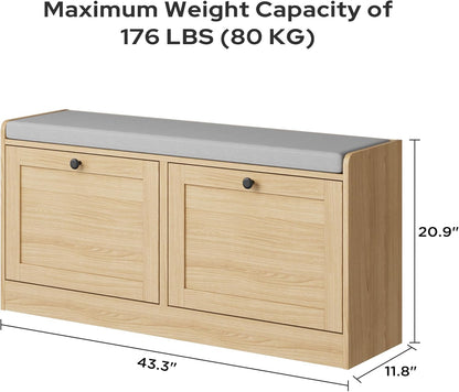 MHOM Oak Modern Entryway Bench with 2 Flip Drawers, Shoe Rack with Padded Seat Cushion, Wooden Storage Bench for Bedroom and Apartment