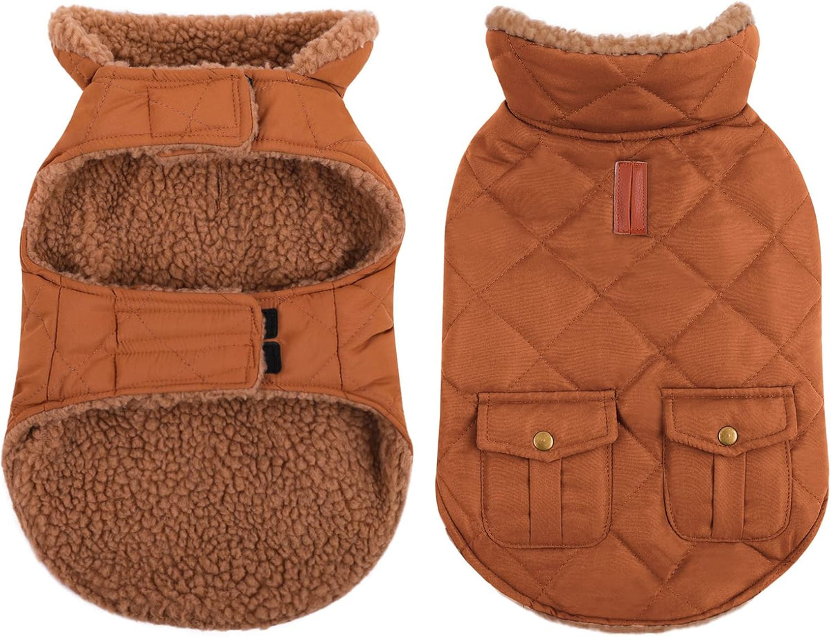 Queenmore Warm Dog Coat, Cold Weather Puffer Dog Jacket with Ultra Thick Plush Lining and Storage Pockets (Brown, Medium)
