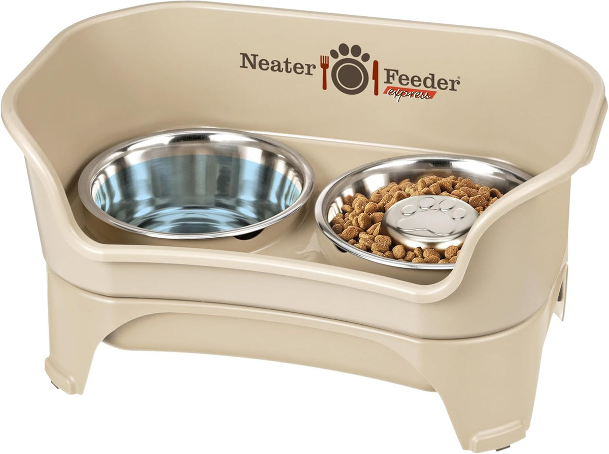 Neater Feeder - Express Model w/ Slow Feed Bowl - Mess-Proof Dog Bowls (M/L, Almond) Made in USA – Elevated, No Spill, Non-Tip, Non-Slip, Raised Stainless Steel Food/Water Pet Bowls Aid Digestion