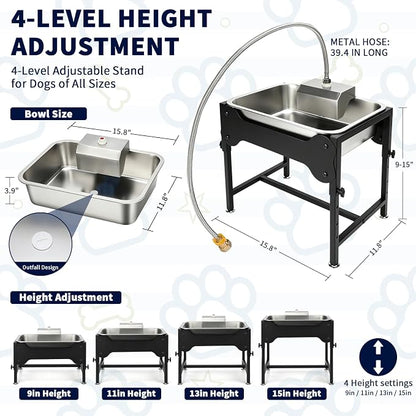 BWOGUE 3 Gal Automatic Dog Water Dispenser, Elevated Outdoor Bowl for Dogs | Automatic Water Dispenser for Dogs, Stainless Steel Pet Waterer, 9/11/13/15 in Stand, Float Valve, Big Dogs Pets Livestock