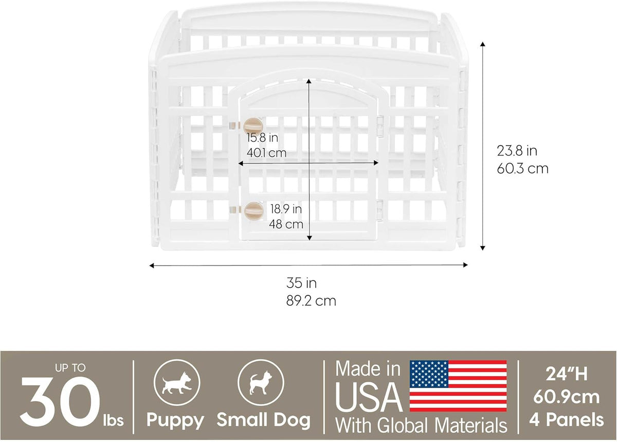 IRIS USA 24" 4-Panel Dog Playpen with Door, 35 x 35 x 24, Puppy Playpen, Dog Play Pen Indoors, Pet Fence, Puppies/Small Dogs, White