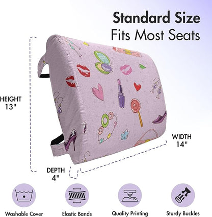 Ambesonne Cartoon Lumbar Back Support Pillow, Girls Illustration with Fashion Accessories and Makeup Lollipop Flower Print, High Density Foam for Office Chairs Car Seats, 14" x 13", Pink Purple