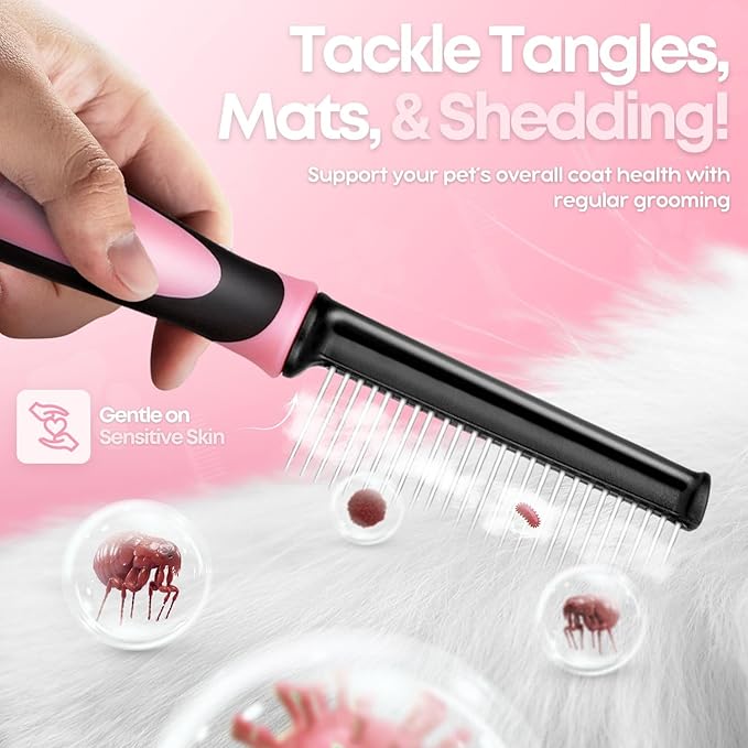 Flexzion Dog Comb - Pet Cat Grooming Trimmer Brush Stainless Steel Blade for Small Animal Puppy Matted Tangles Hair Cutting Removing Tool with Rounded Teeth Needle Soft Grip Handle (Pink)