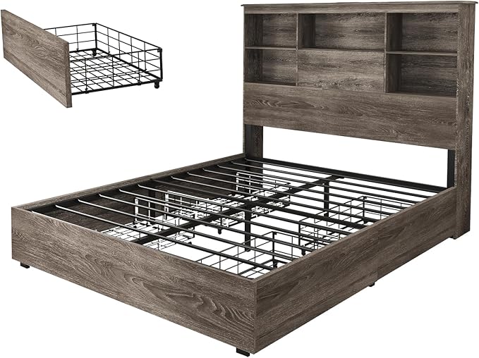 AMERLIFE Queen Size Bed Frame Wooden Platform Bed with 51.2" LED Storage Bookcase Headboard, 4 Storage Drawers & Charging Station/No Box Spring Needed/Noise Free/Rustic Grey