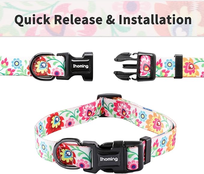 Ihoming Puppy Collar and Leash Set for Daily Outdoor Walking Running Training, White Colorful Flowers Design for Extra Small Boys Girls Dogs Cats Pets, XS-Up to 10LBS