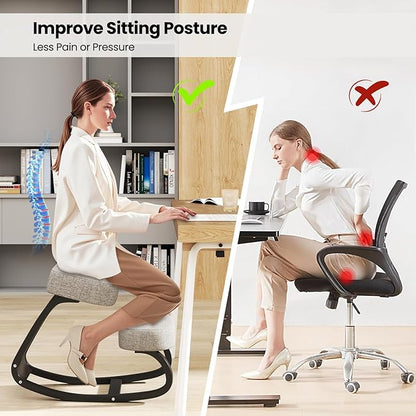 Goplus Ergonomic Kneeling Chair, Rocking Upright Posture Chair with Soft Seat & Knee Pads, Wooden Backless Knee Chair Relieves Neck Back Pain for Home Office Study, Gray and Black