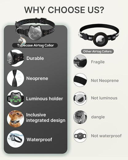 Waterproof Airtag Cat Collar, Breakaway Cat Airtag Collar with Luminous & Reflective Fish Pattern, Lightweight Kitten Collars for Apple Air tag, Hidden GPS Tracker Holder for Cats, Kittens(9-13")