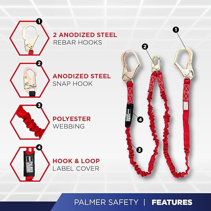 Fall Protection Hammerhead Kit I 5pt Safety Harness, 6' Double Leg Lanyard, 18" D-Ring Extender (Red - LG)