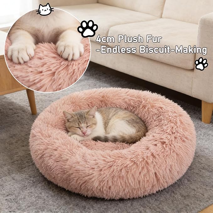 Calming Donut Dog Beds Large Sized Dog - Washable Removable Cover Non-Slip, Round Pet Bed Warming Fluffy Plush Faux Fur Anti-Anxiety Thick Cushion, Fits up to 80 lbs (Blush, 36")