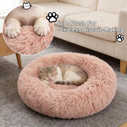 Calming Donut Dog Bed Medium Size Dog - Washable Removable Cover Non-Slip Bottom, Round Pet Bed Cat Bed Warming Fluffy Plush Faux Fur Anti-Anxiety, Fits up to 45 lbs (Blush, 30")