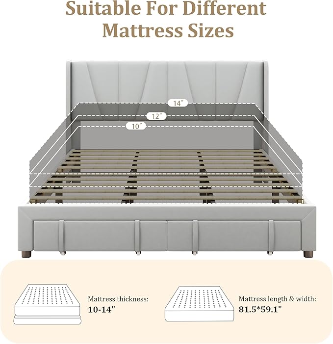 King Bed Frame with Storage Drawers, Upholstered King Size Platform Bed with 47" Tall Headboard and Wingboard, No Box Spring Needed, NO Noise, Easy Assembly, Wooden Support Slats,Light Grey