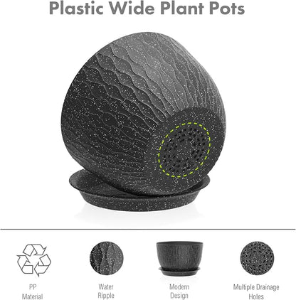 Meowell 12/10/9 inch Large Flower Pots, 3 Set Big Plant Pots for Outdoor Indoor Plants with Water Ripples, Wide Plastic Planters with Drainage Holes and Saucers for Garden House Plants, Speckled Black