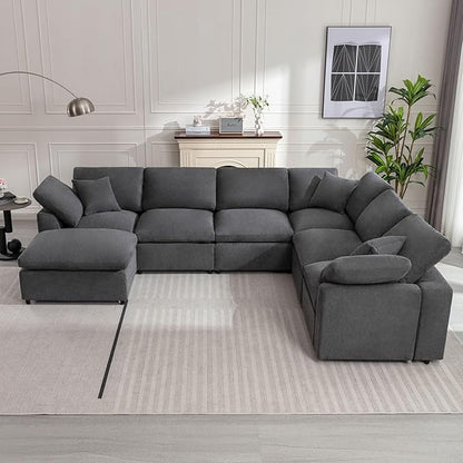 Modular Sectional Sofa Modern Oversized Cloud Couch with Movable Ottoman 7 Seater L-Shaped Sofas Comfy Couches for Living Room Spacious Space Office Lounge, Dark Grey