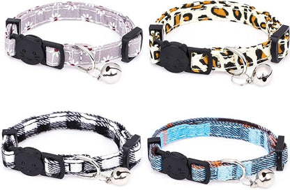 4 Pack Cotton Breakaway Cat Collar with Bell,Safety Adjustable Cat Collars Set,Ideal for Girl Cats Boy Cats