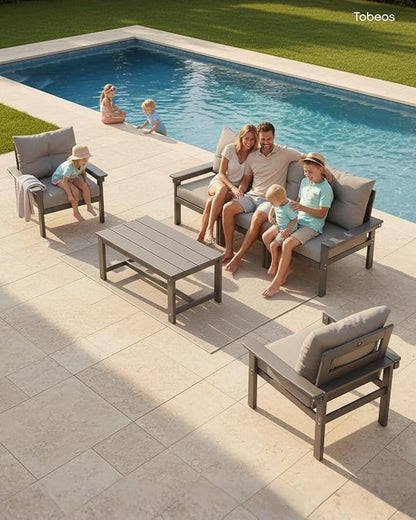 HDPE 7 Piece Patio Furniture Set, All-Weather Outdoor Couch Bistro Set with Hick Cushions & Umbrella, Patio Conversation Sets for Lawn, Garden, Porch, Balcony, Deck, Poolside, Grey