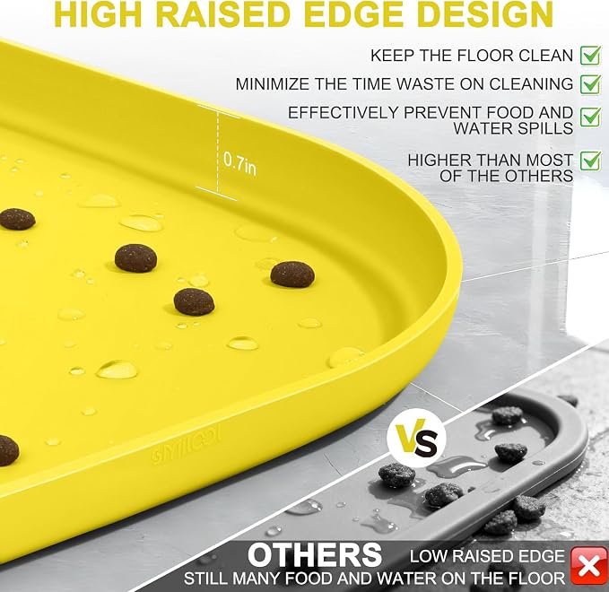 SMILOOL Waterproof Silicone Pet Food Mat with Raised Edge for Dog & Cat | 19" x 12" Non-Slip Pet Feeding Mats with Lip for Food & Water Bowl, Food Grade, Easy Cleaning, Light Yellow