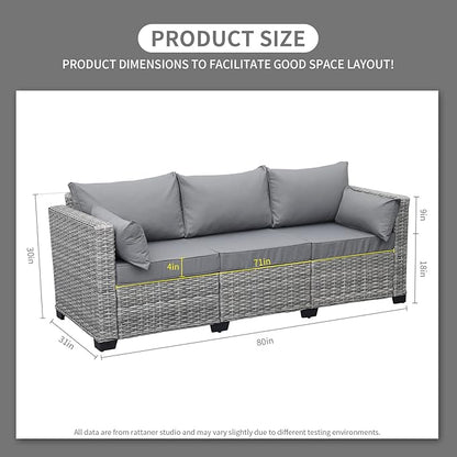 Rattaner Outdoor Furniture Outdoor Couch Grey Wicker Patio Furniture 3-seat Sofa Deep Seat Hight Backrest with Waterproof Cover and Anti-Slip Cushions, Grey