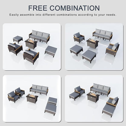 8 Pieces Patio Conversation Sets, Outdoor Furniture Set with Fire Pit Table, Wicker Rattan Sectional Modular Sofa Seating Set for Porch, Poolside, Deck, Balcony, Backyard, Yard, Garden (Gray Cushions)
