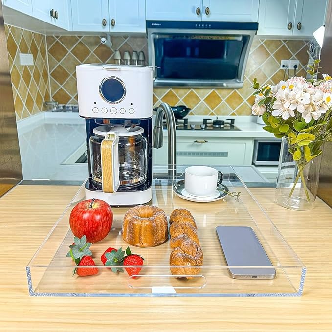 Clear Rectangular 16x20 Inches Acrylic Ottoman Tray Decorative Serving Tray with Cutout Handles Organizer Tray on Coffee Table Countertop Big Breakfast Bed Tray Living Room Appetizer Serving Food