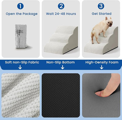 Dog Stairs for Small Dogs & Cats,3 Steps Non-Slip Pet Ramp for Couch,15.7"H | Airpanda Pet Stairs with Washable Cover & High-Density Foam,Gentle Curved,Ideal for Senior & Short-Legged Dogs,Light Grey