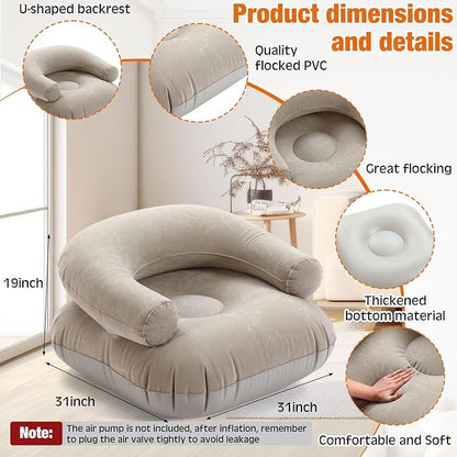 Threehoney 2 Pcs Inflatable Lounge Chair Deck Chair Lazy Sofa, Blow Up, Folding, Portable Couch for Home, Office Balcony, Floor Seating (Beige,Dark Grey)