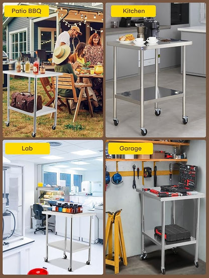 Stainless Steel Table for Prep & Work, with Caster Wheels, Two with Brakes, Metal Table for Commercial Restaurant, Warehouse and Hotel (24 x 30 Inches)