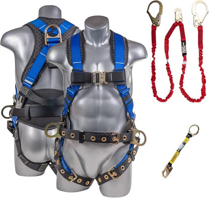 Fall Protection Hammerhead Kit I 5pt Safety Harness, 6' Double Leg Lanyard, 18" D-Ring Extender (Blue - XLG)