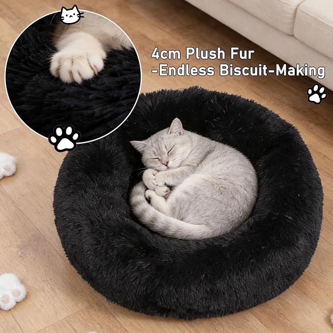 Calming Donut Dog Bed Medium Size Dog - Washable Removable Cover Non-Slip Bottom, Round Pet Bed Cat Bed Warming Fluffy Plush Faux Fur Anti-Anxiety, Fits up to 45 lbs (Black, 30")