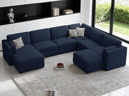 CUGOAO 159'' Modular Sectional Sofa, 8-Seater Oversized U-Shaped Sectional Couch with Ottoman, Deep Seat Chenille Cloud Couch, Mordern Upholstered Couches for Living Room, Apartment, Office, Blue
