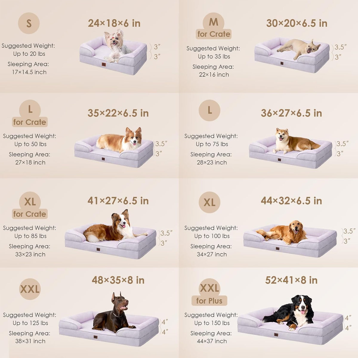 EHEYCIGA Orthopedic Dog Bed for Medium Dogs, Waterproof Memory Foam Medium Pet Beds with Sides, Non-Slip Bottom and Egg-Crate Foam Dog Couch Bed with Washable Removable Cover, Lilac